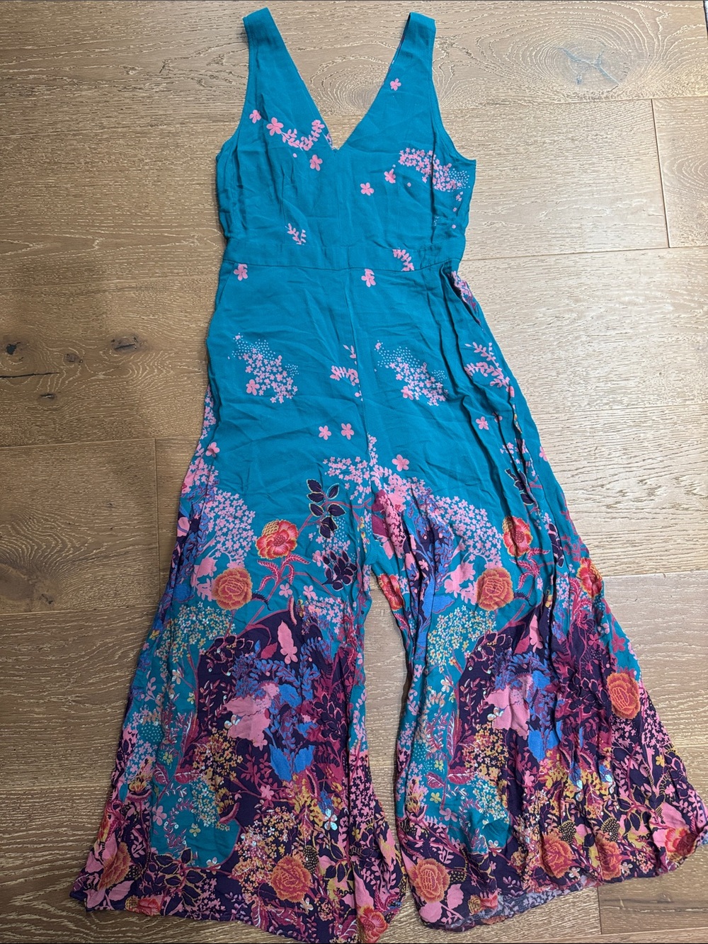 Maeve Anthropologie Teal Floral Wide Leg Jumpsuit Size 10 Boho Resort - Picture 2 of 6
